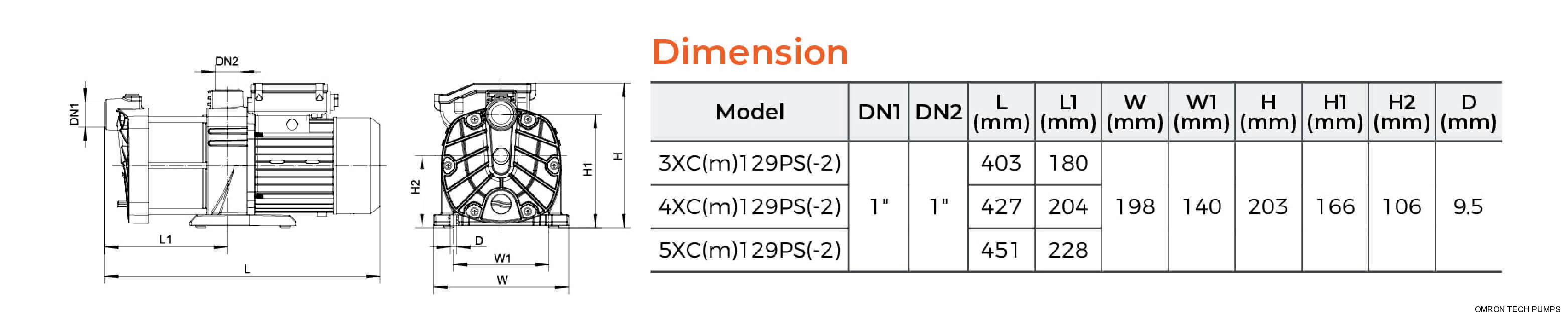 XCm Self-priming Stainless Steel Multistage Centrifugal Pump Dimension