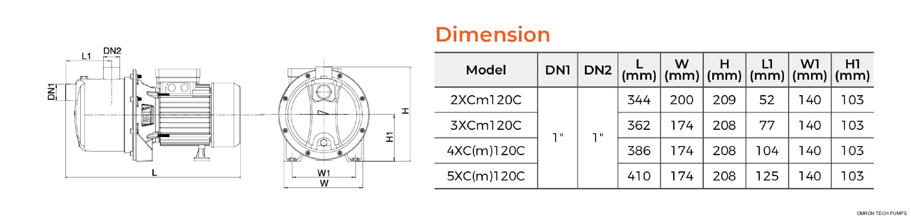 XCm Stainless Steel Multistage Centrifugal Pump Dimension